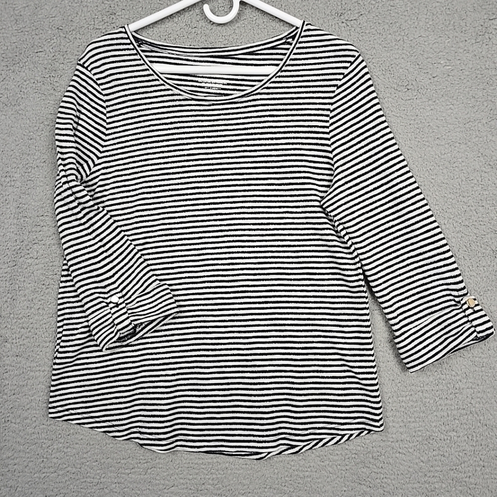 Chicos Sweater Womens L White/Black/Silver Striped Lightweight Shirt Tор